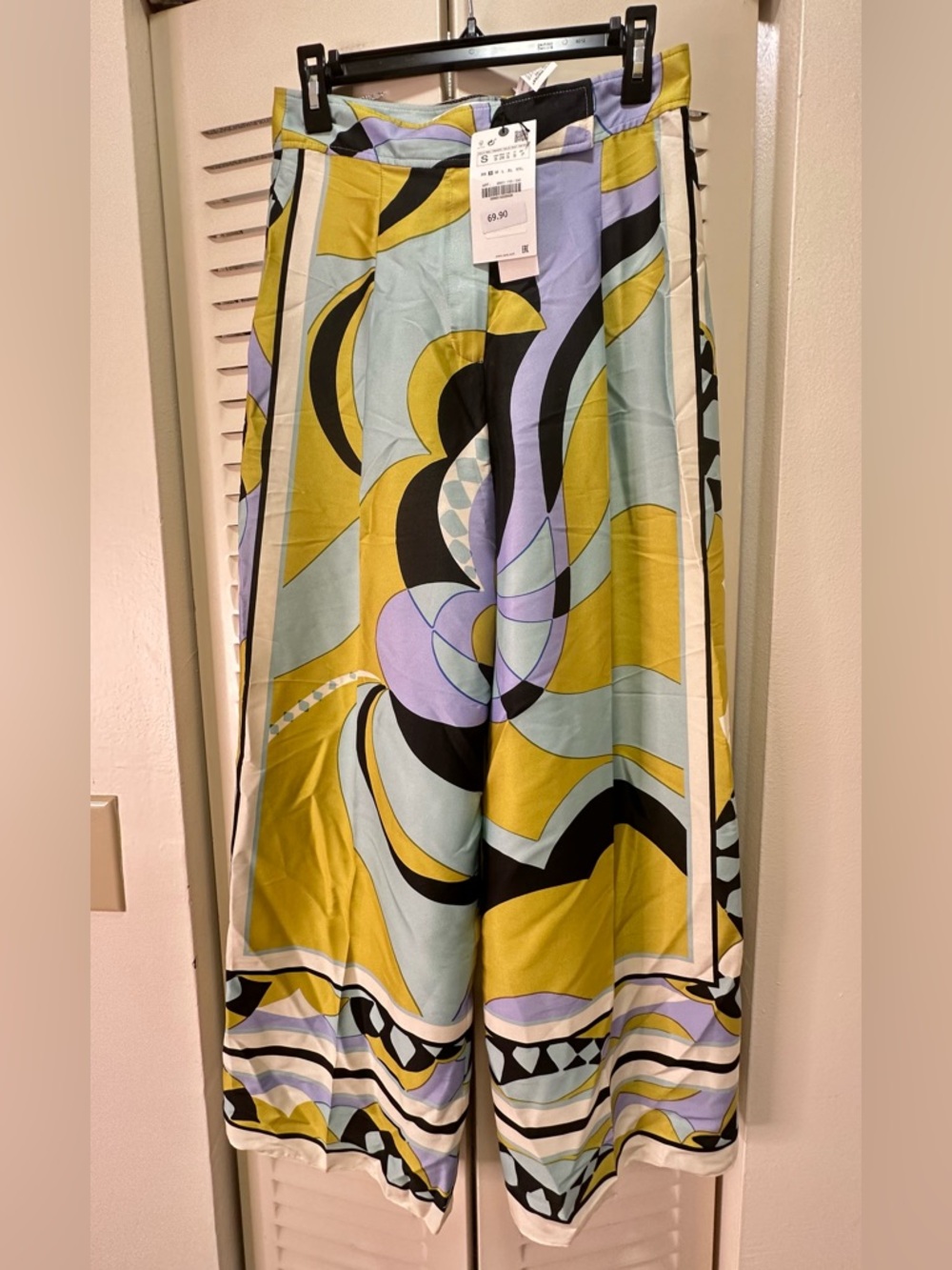 Zara Abstract Print Wide-Leg Pants in Yellow, Light Blue & Lavender